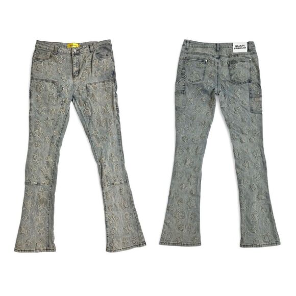 Guapi Premium  Men’s Star Embroidered Flare Jeans Distressed Rock Denim 36 X 37 - Picture 1 of 16